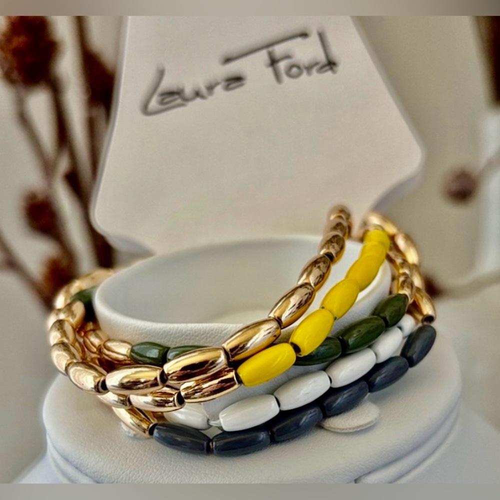 Laura Ford Goldtone 5 Row Rice bead yellow,green, blues & white,chunky stretch